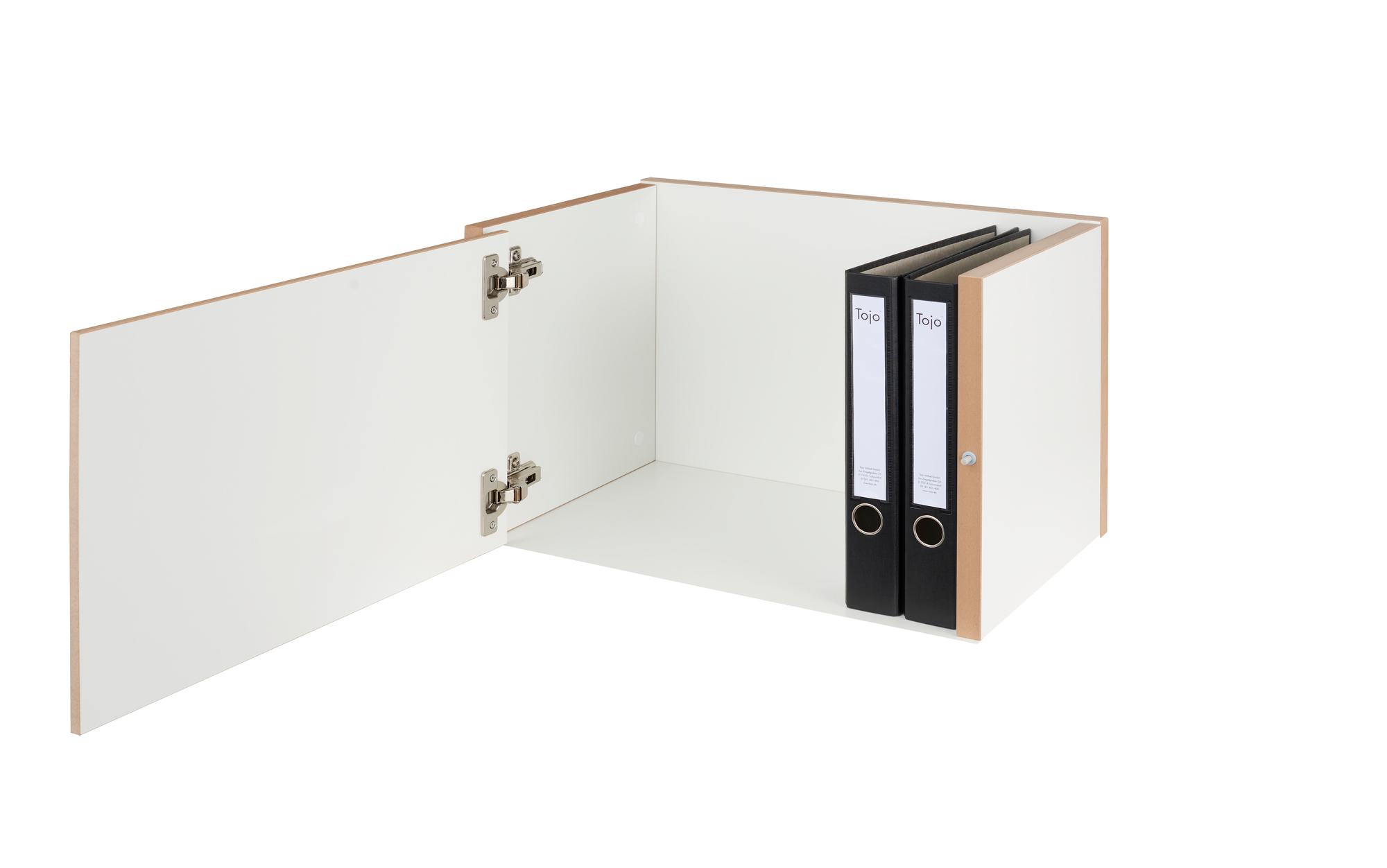 Tojo Regal mit Tür Modul, weißes Regalsystem mit geöffneter Tür und zwei Ordnern.