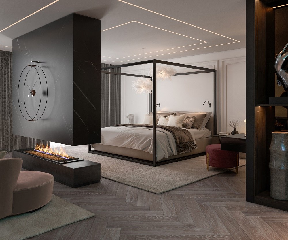 Schlafzimmer mit Kamin und Barcelona Clock Wanduhr, modernes Designelement für stilvolle Wohnräume.