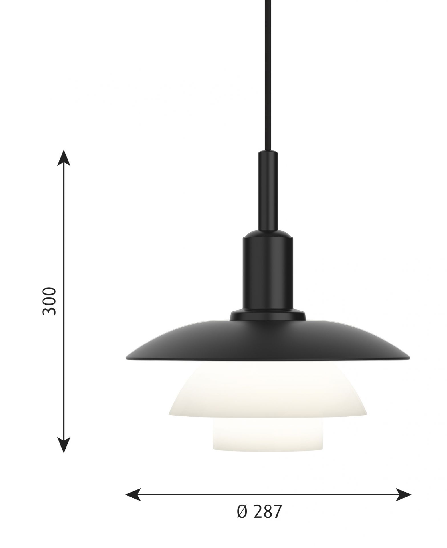 Schwarze PH 5/5 Pendelleuchte von Louis Poulsen mit Glas-Schirmen und Maßen. Design-Klassiker für stilvolle Beleuchtung.
