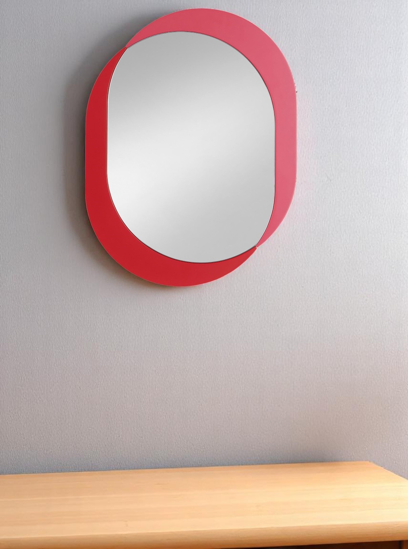 Kimo Wandspiegel von Schönbuch, oval, mit rotem Rahmen, moderner Design Spiegel für die Wand.