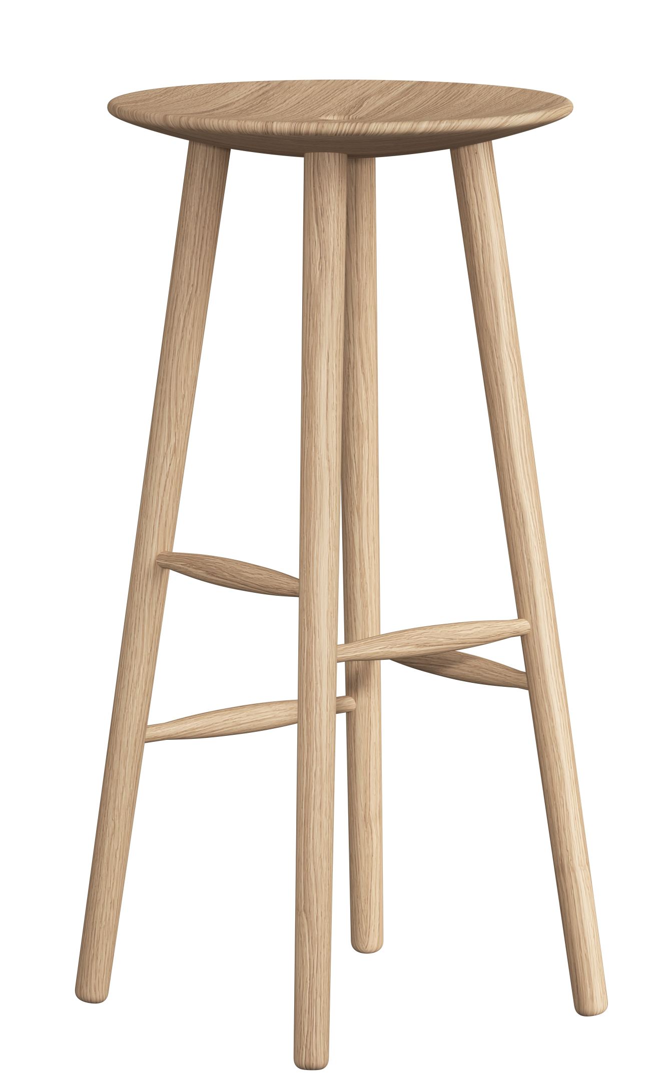 DI Volo Barhocker aus hellem Holz, 75 cm hoch, mit runder Sitzfläche und Fußstütze.