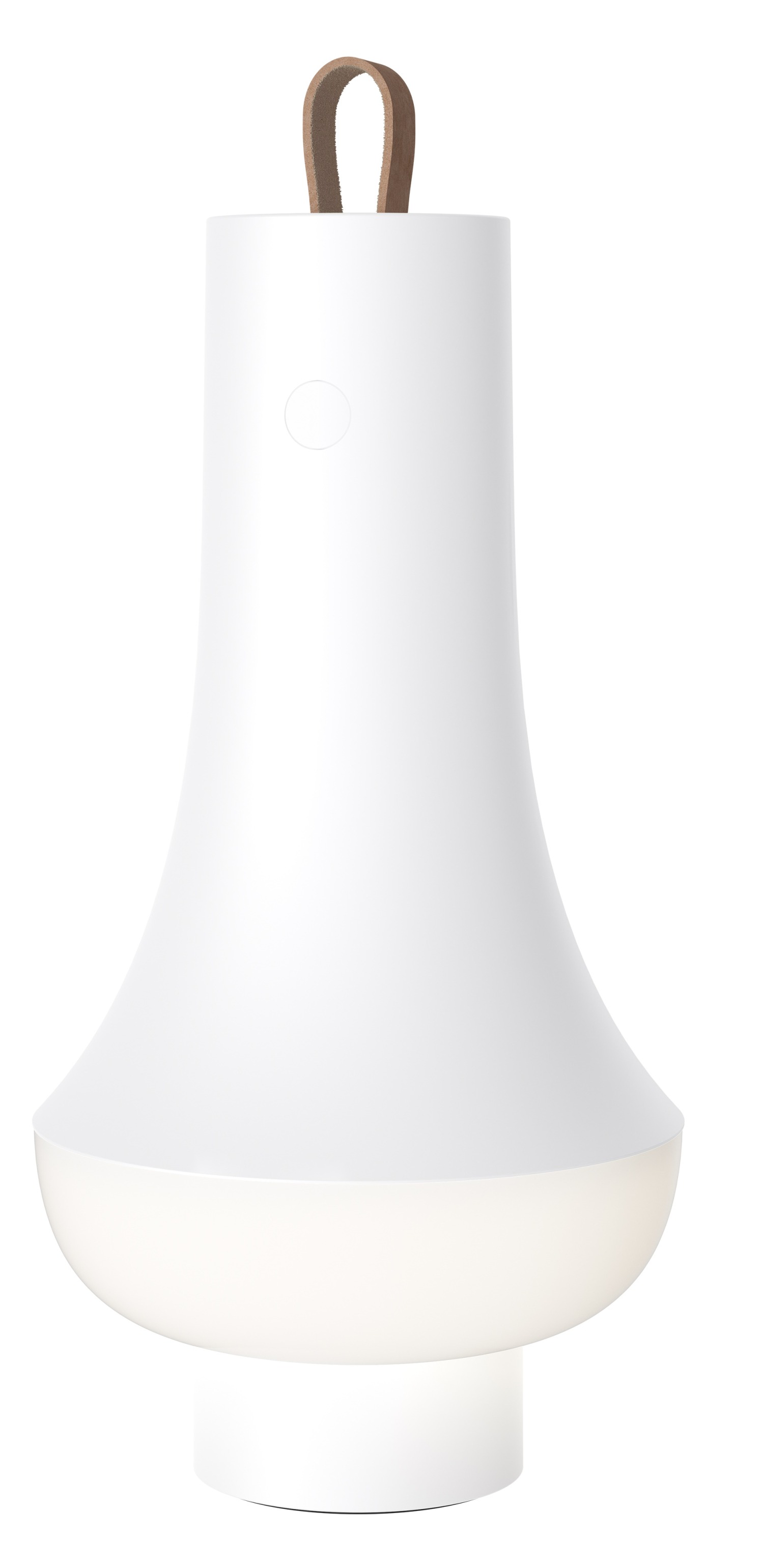 Weiße Tomoshi Portable Akkuleuchte von Louis Poulsen mit Ledergriff für den Tisch oder Nachttisch.