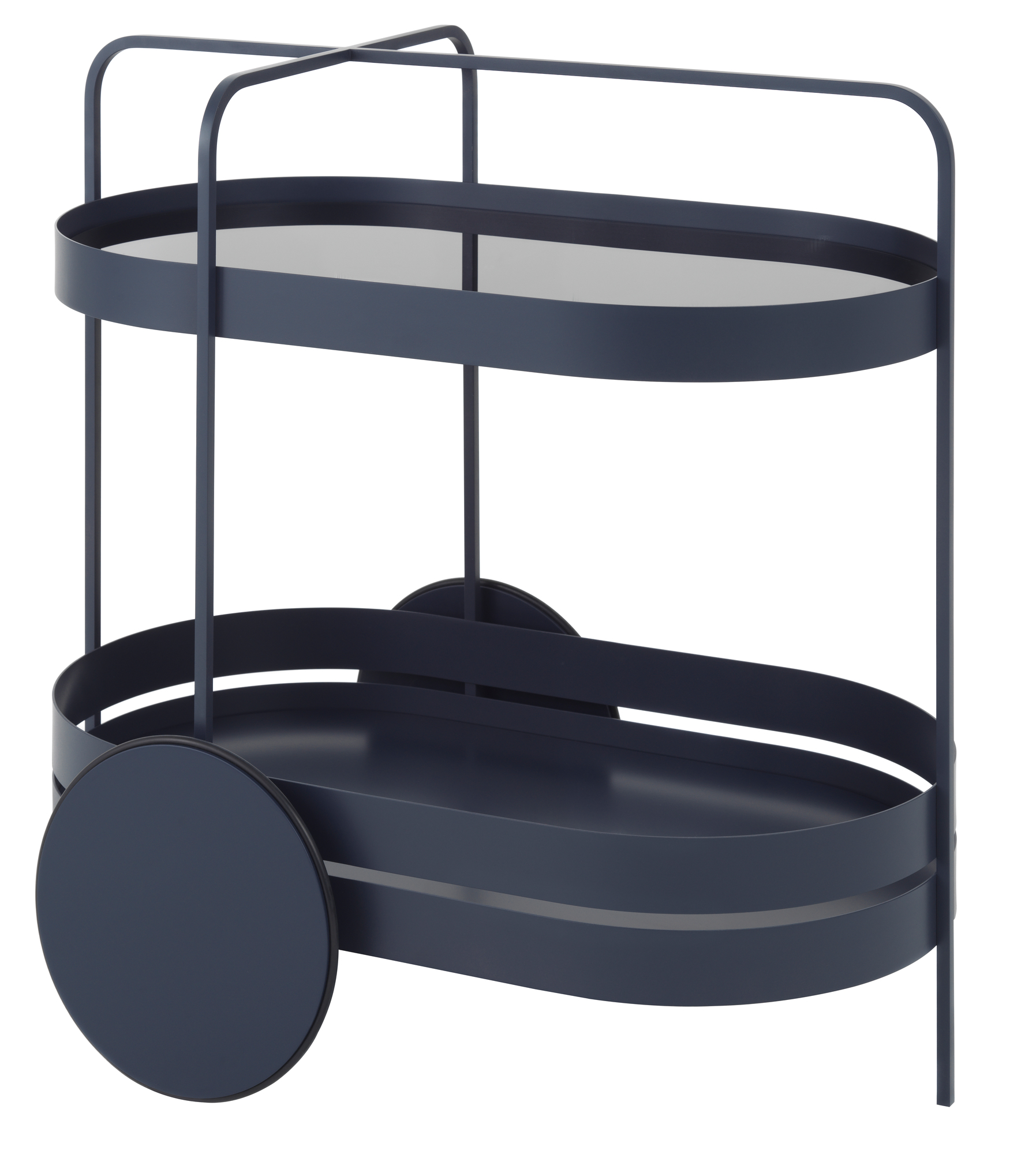 Grace Servierwagen von Schönbuch in Nachtblau: Ovaler Barwagen mit zwei Ablageflächen und Rollen.