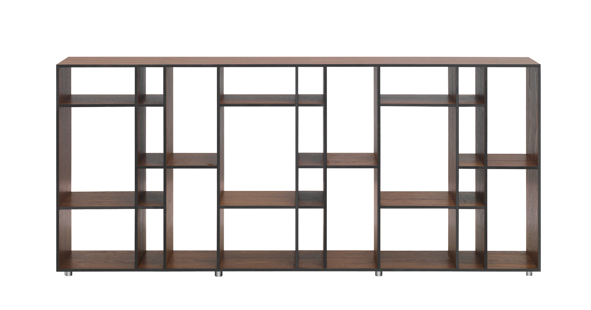 Code 2 Holzregal aus MDF mit amerikanischem Nussbaum-Finish, modernes Bücherregal für Wohnzimmer und Büro.
