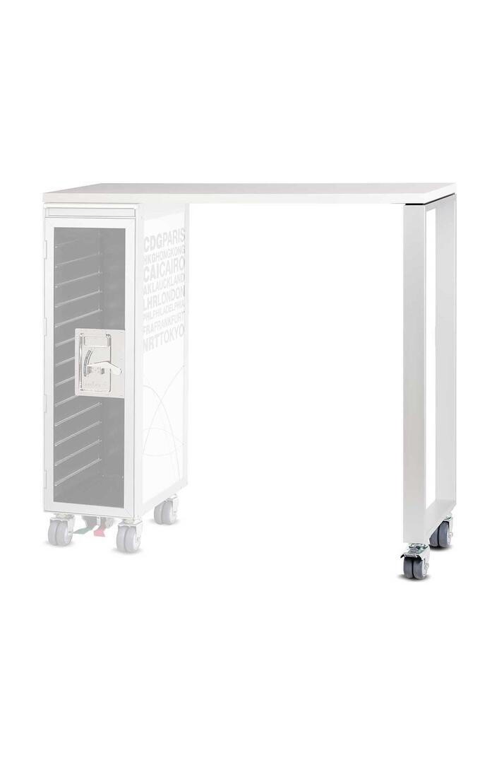 Silberner Hightable Tisch mit Bordbar-Element, Rollen und Städtenamen-Design, ideal als Stehtisch und Servierwagen.