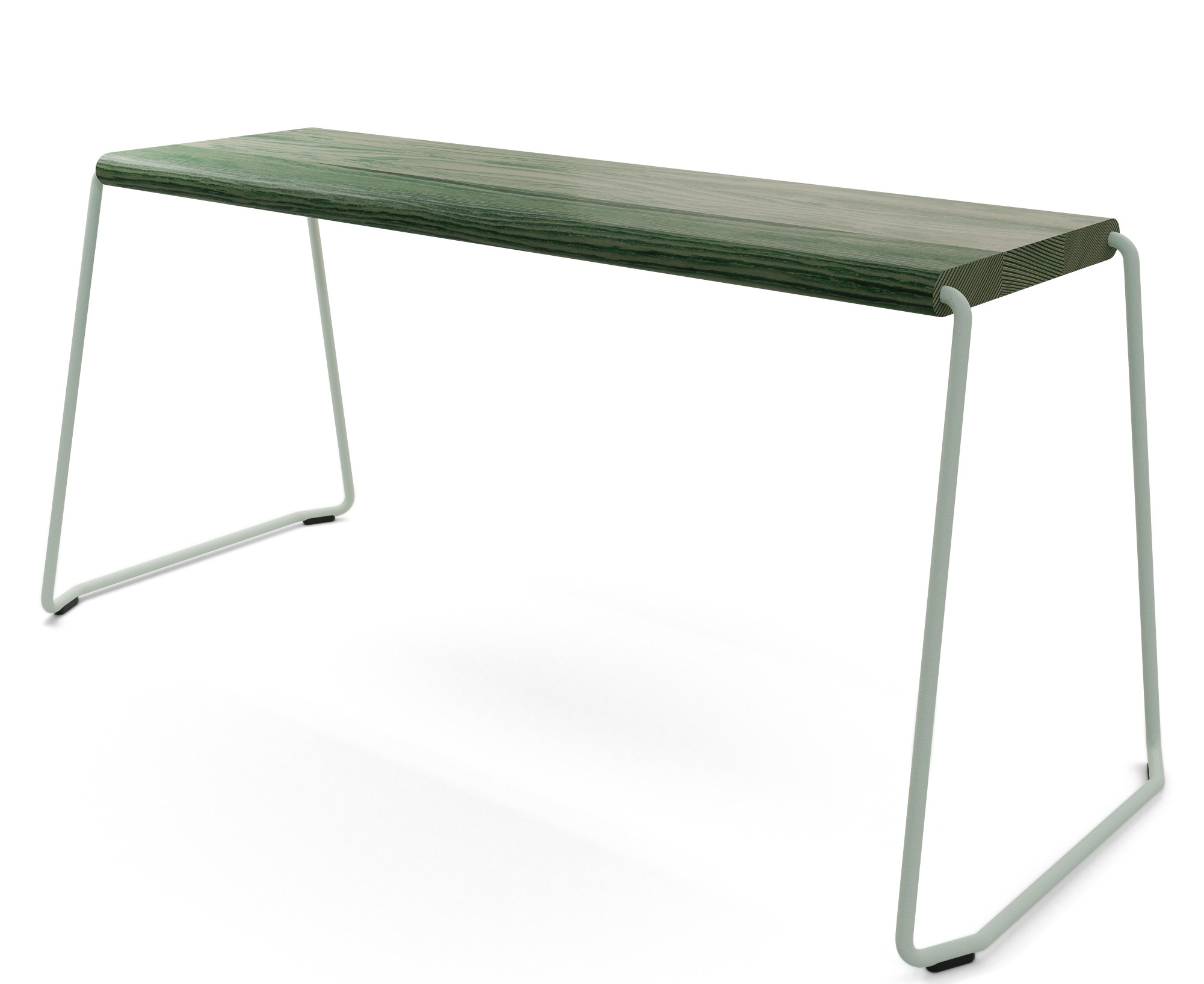 Waldgrüne Bank D:004 Fuchs & Habicht mit hellem Metallgestell für den Innenbereich.