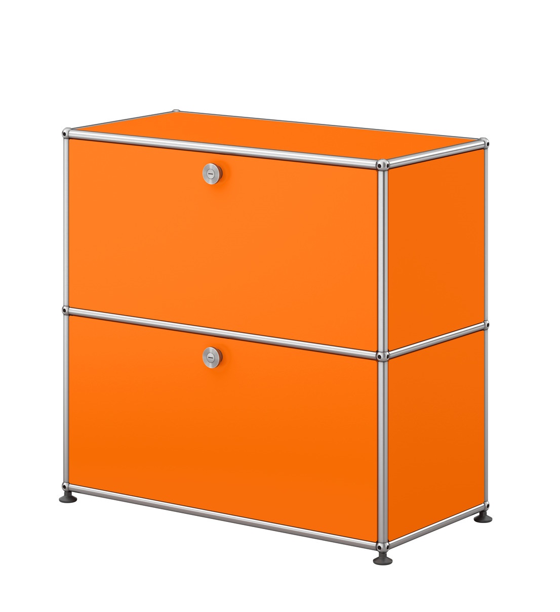 Kleines, rein oranges USM Haller Sideboard mit zwei abschließbaren Fächern und verchromtem Gestell.