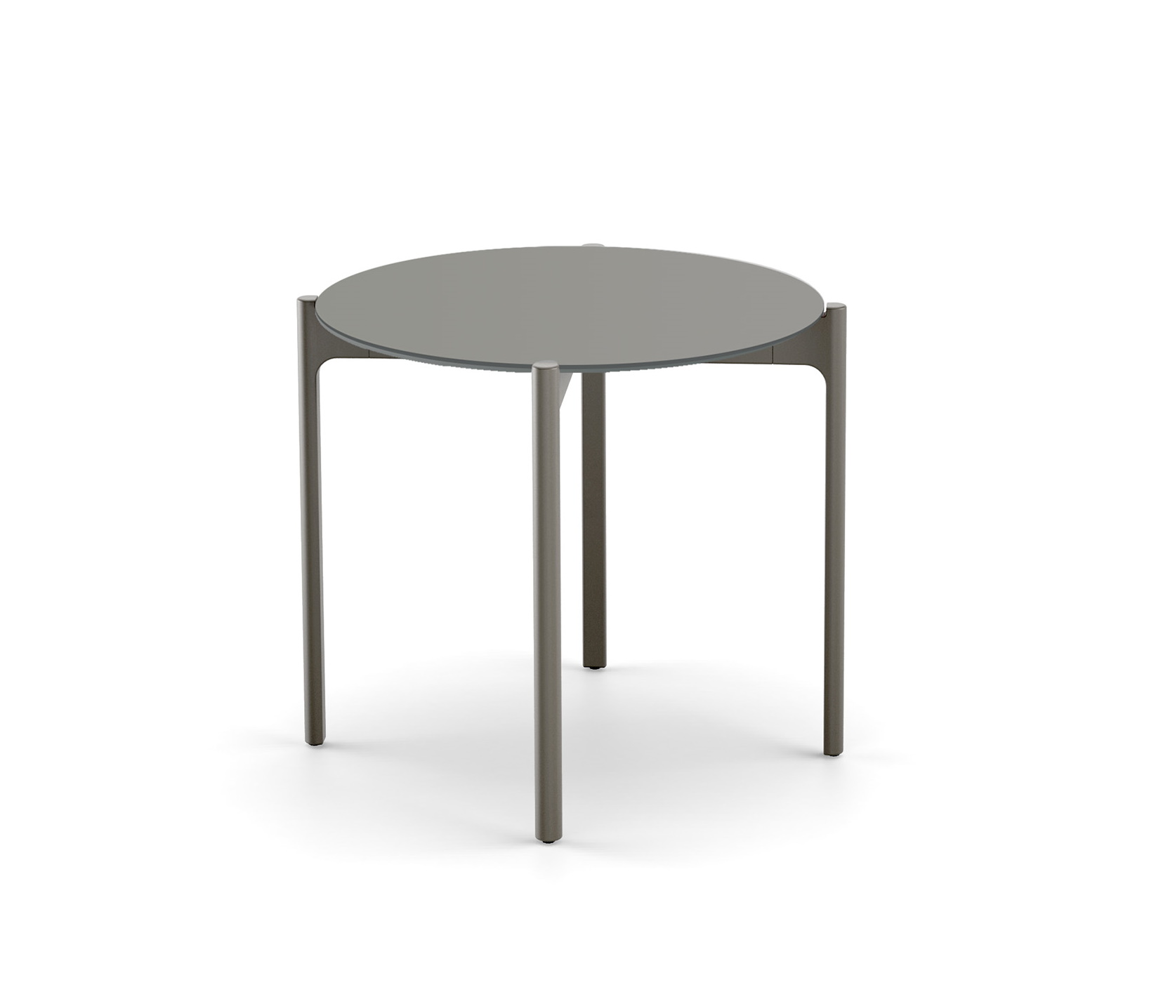 Izon Beistelltisch von Dedon, runder Gartentisch mit grauer Tischplatte und drei Beinen.