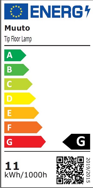 Energielabel der Muuto Tip Floor Lamp Stehleuchte mit Energieeffizienzklasse G und QR-Code.