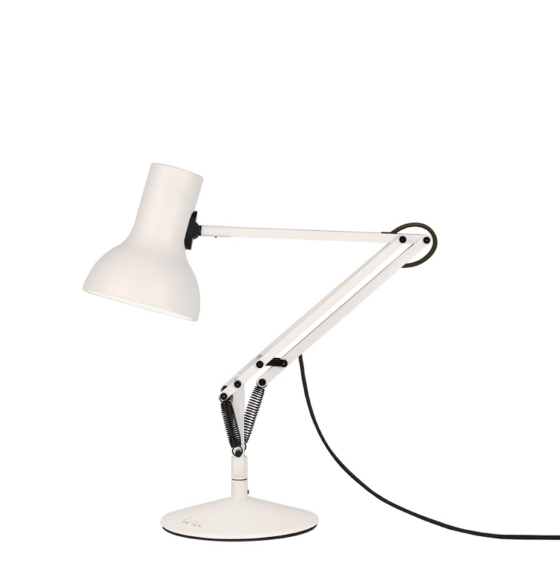 Weiße Anglepoise Type 75 Mini Tischleuchte, modernes Design mit verstellbarem Arm und Lampenschirm.