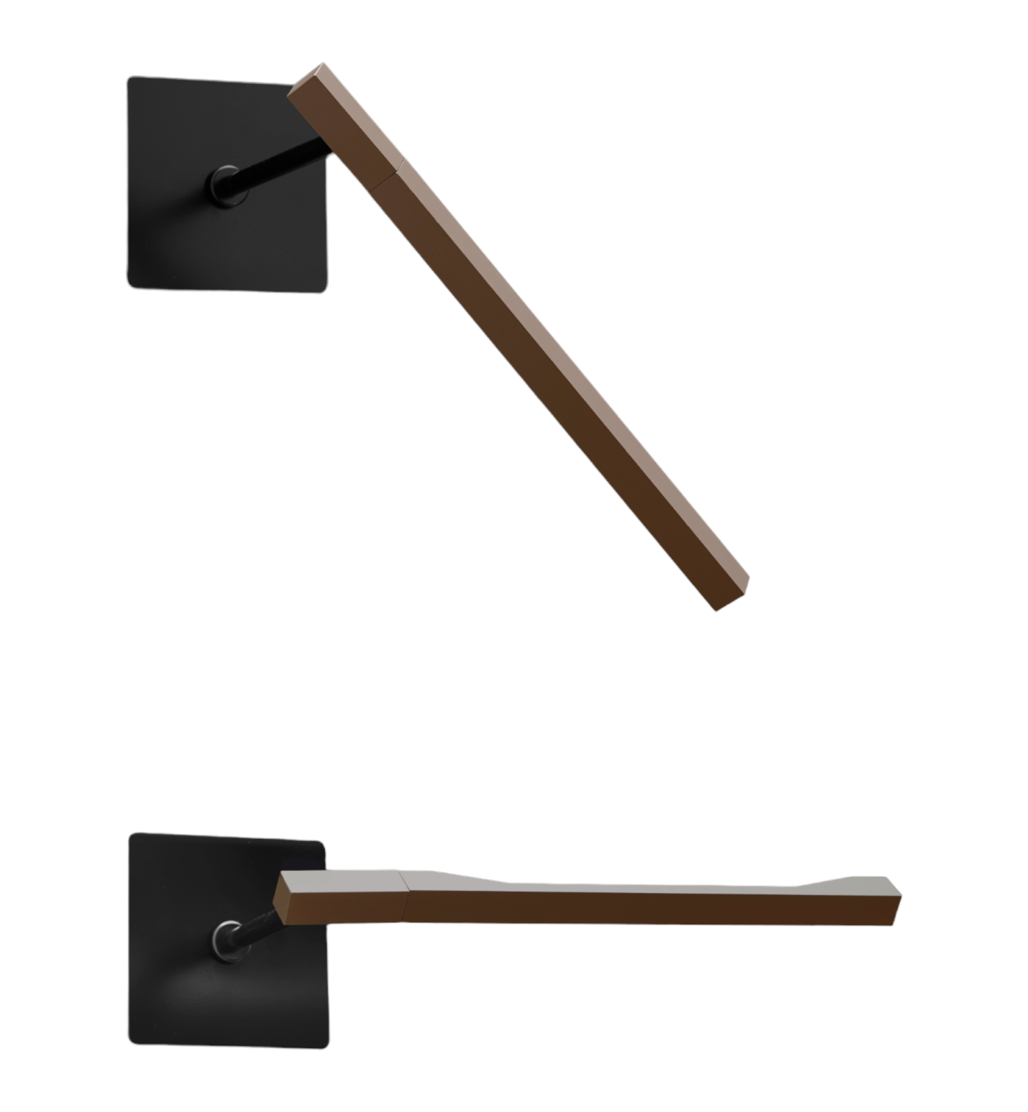 Zwei Ansichten der Ilo Wandleuchte von Oluce in Satin Bronze mit schwarzer Halterung.