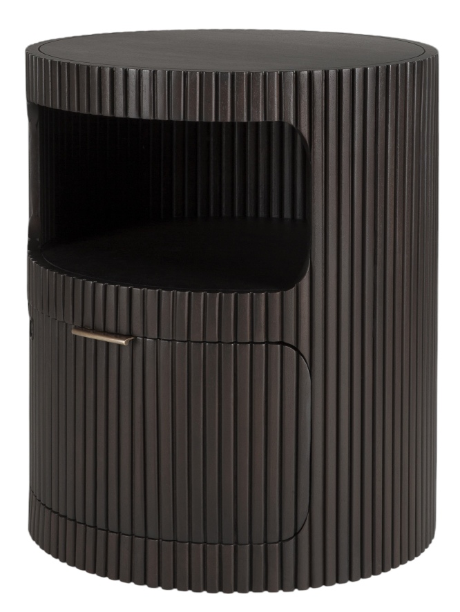 Ethnicraft Rollcontainer: Runder Nachttisch aus dunklem Holz mit Schublade und offenem Fach.