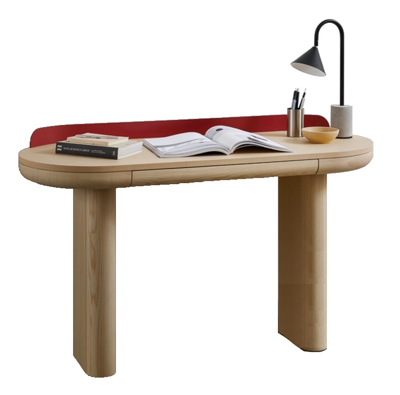 Jumbo Konsolentisch von Miniforms aus hellem Holz mit roter Akzentwand, Lampe und Accessoires.