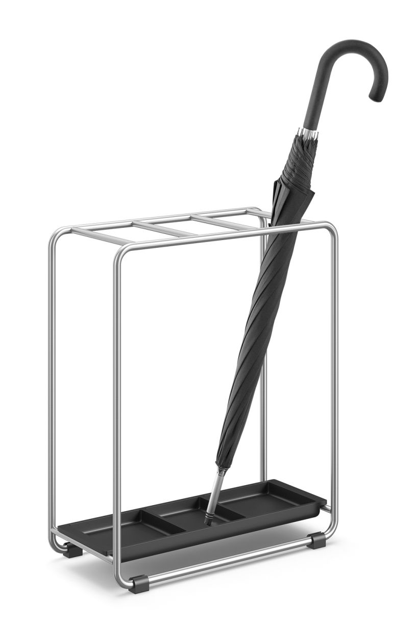 Mecor ZACK Schirmständer aus Metall mit schwarzer Tropfschale und einem schwarzen Regenschirm.