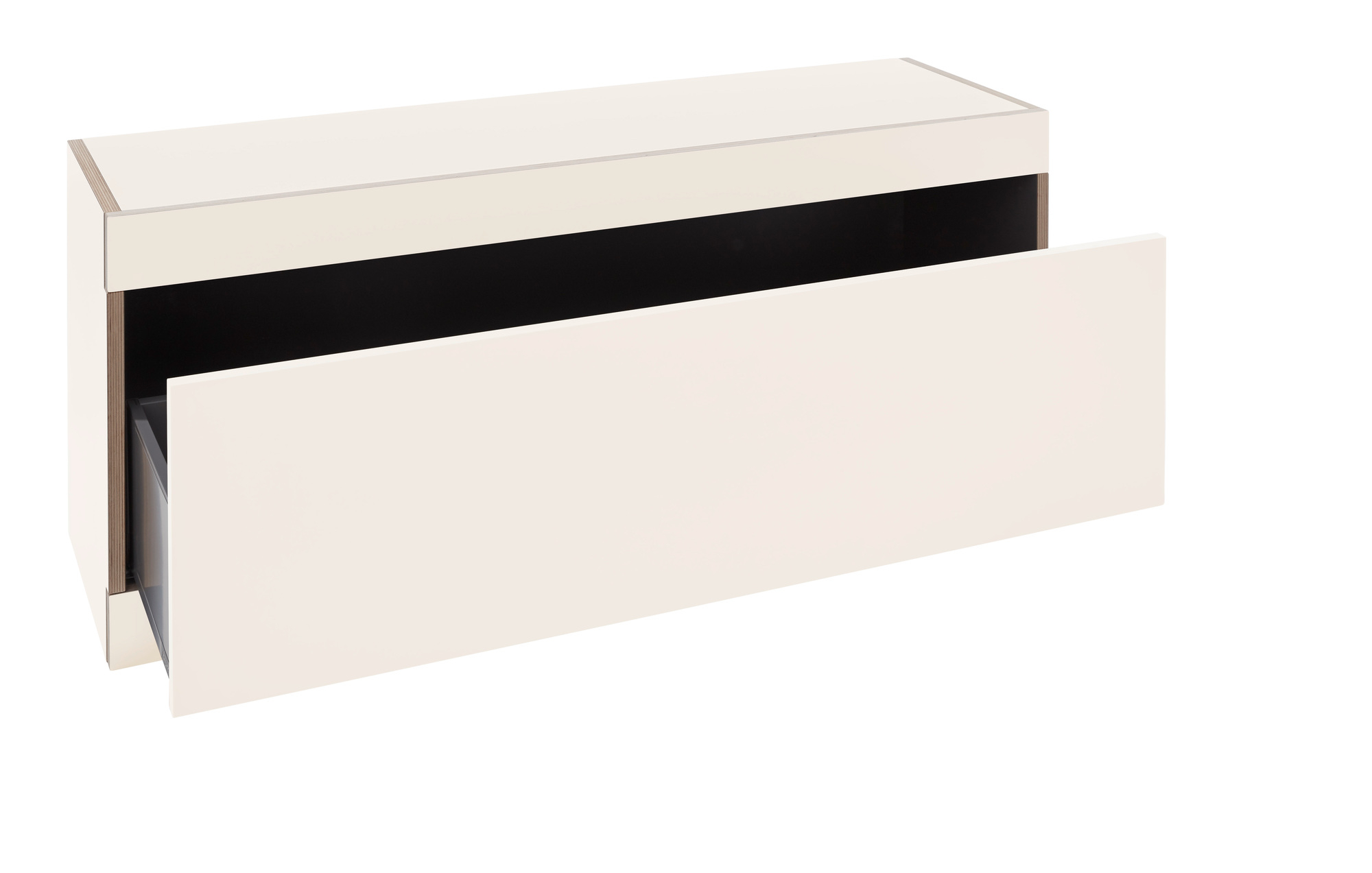 Flai Stauraumbank von Müller Möbelwerkstätten mit offenem Schubkasten in Weiß. Stauraum Möbel.