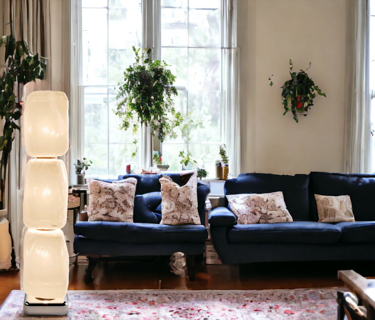 Wax, Stone, Light - Floor IV Stehleuchte von Cassina in einem Wohnzimmer mit blauen Sofas.