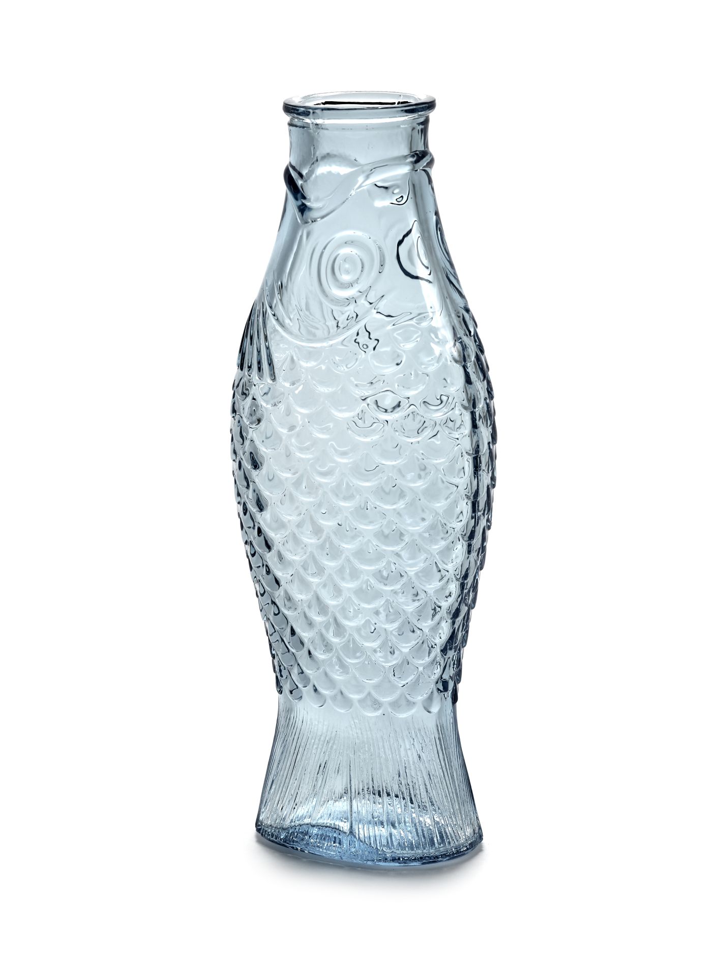 Blaue Serax Fles Flasche in Fischform aus Glas, dekorative Vase für Blumen.