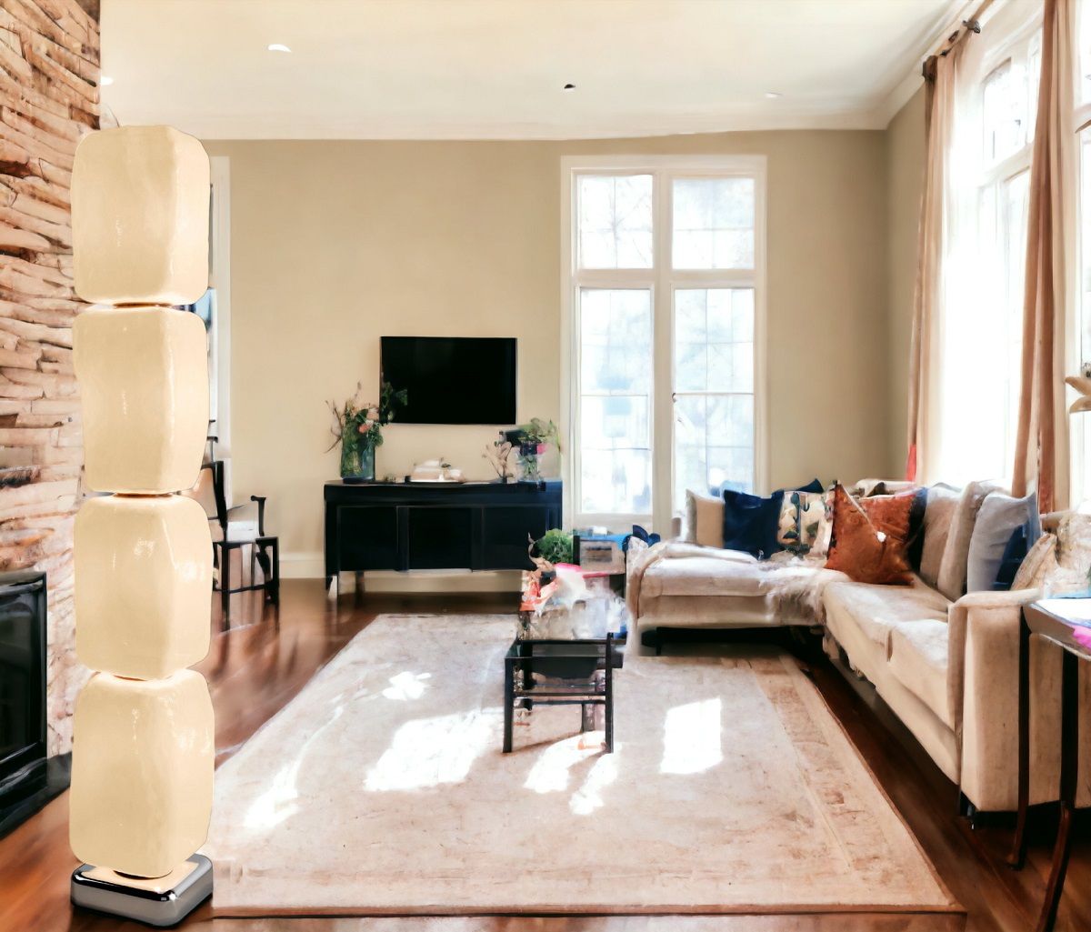 Cassina Stehleuchte "Wax, Stone, Light - Floor V" im Wohnzimmer, moderne Bodenleuchte aus Stein.