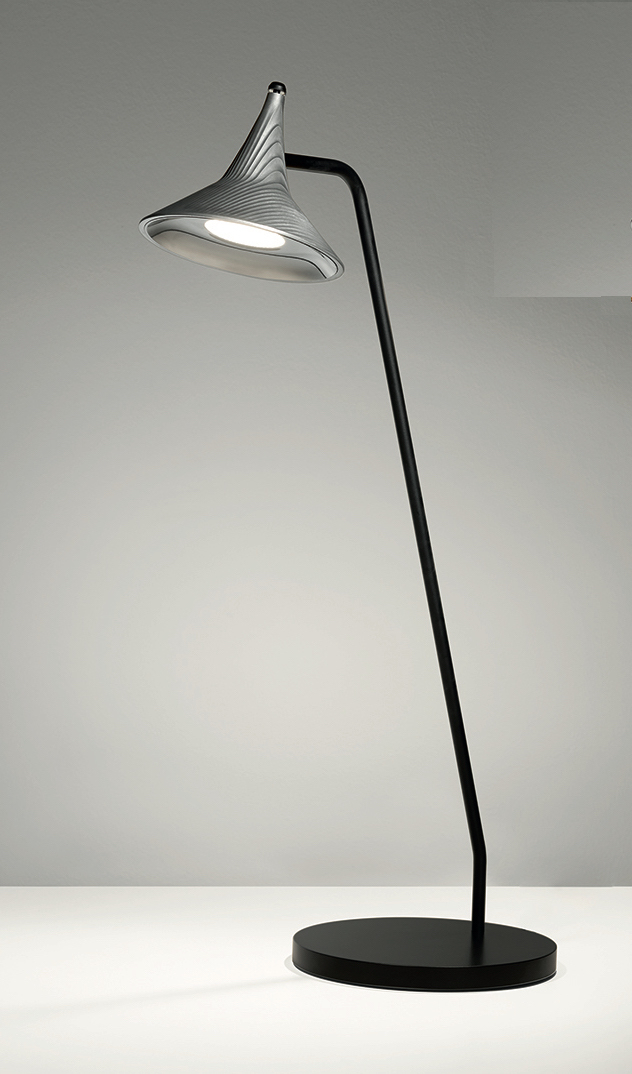 Unterlinden Table Tischleuchte von Artemide, moderne Schreibtischlampe aus Aluminium mit schwarzem Fuß und Gestell.