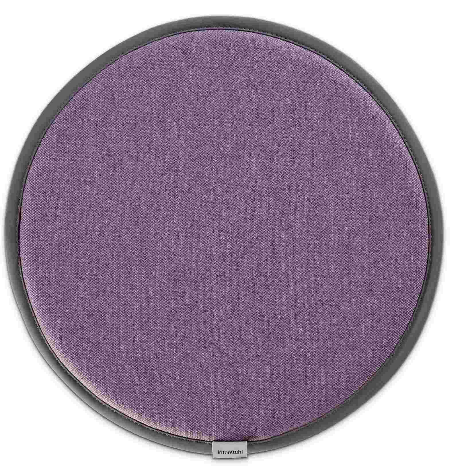 Lila Sitzkissen für Interstuhl Up Hocker, runder Hocker Sitzpolster mit grauem Rand.