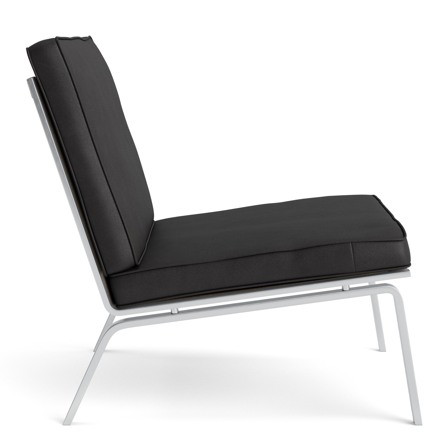 Anthrazitfarbener Man Lounge Chair Sessel von Norr11 mit silbernem Gestell, Seitenansicht. Bequemer Design Sessel für Wohnzimmer.