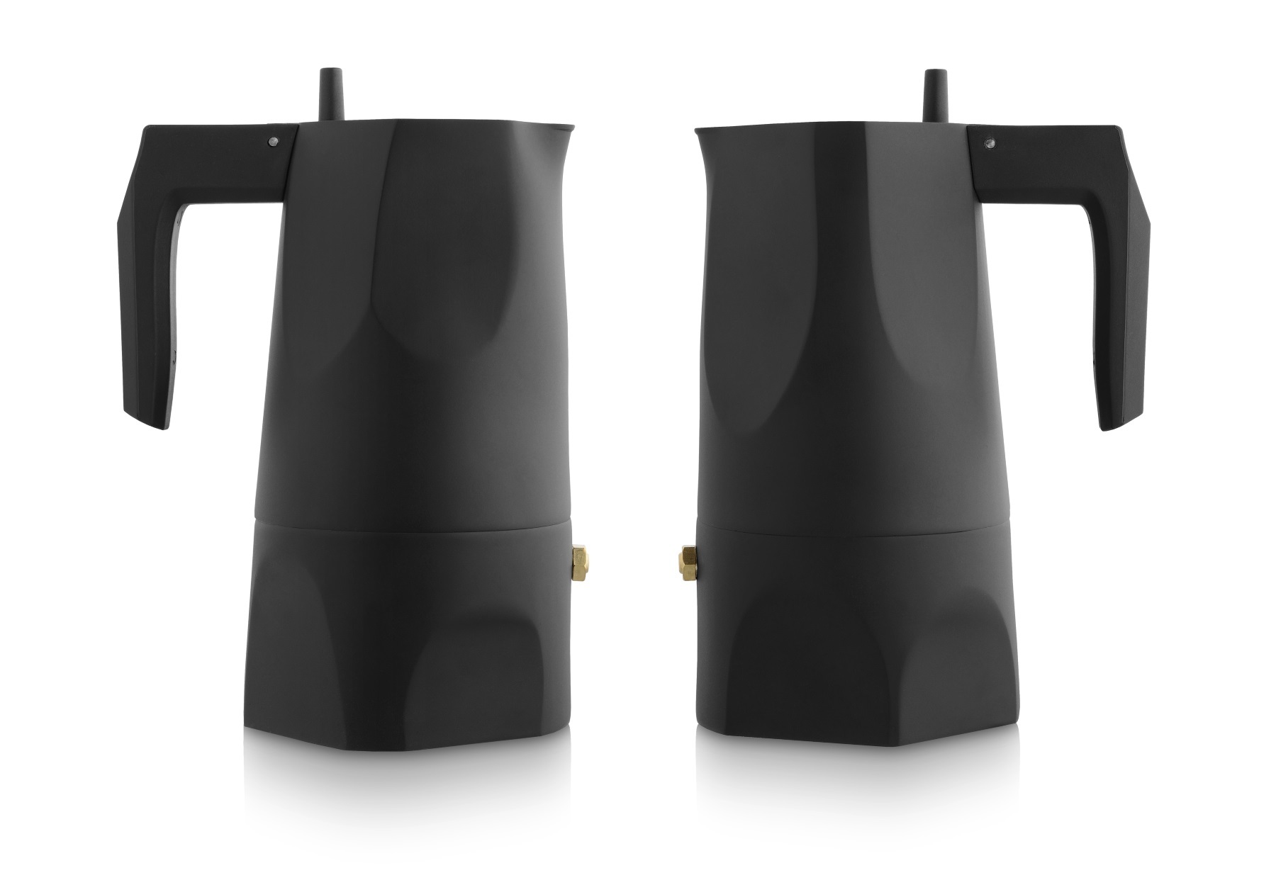 Zwei schwarze Alessi Espressokocher Ossidiana, klassische italienische Kaffeemaschine für aromatischen Espresso.