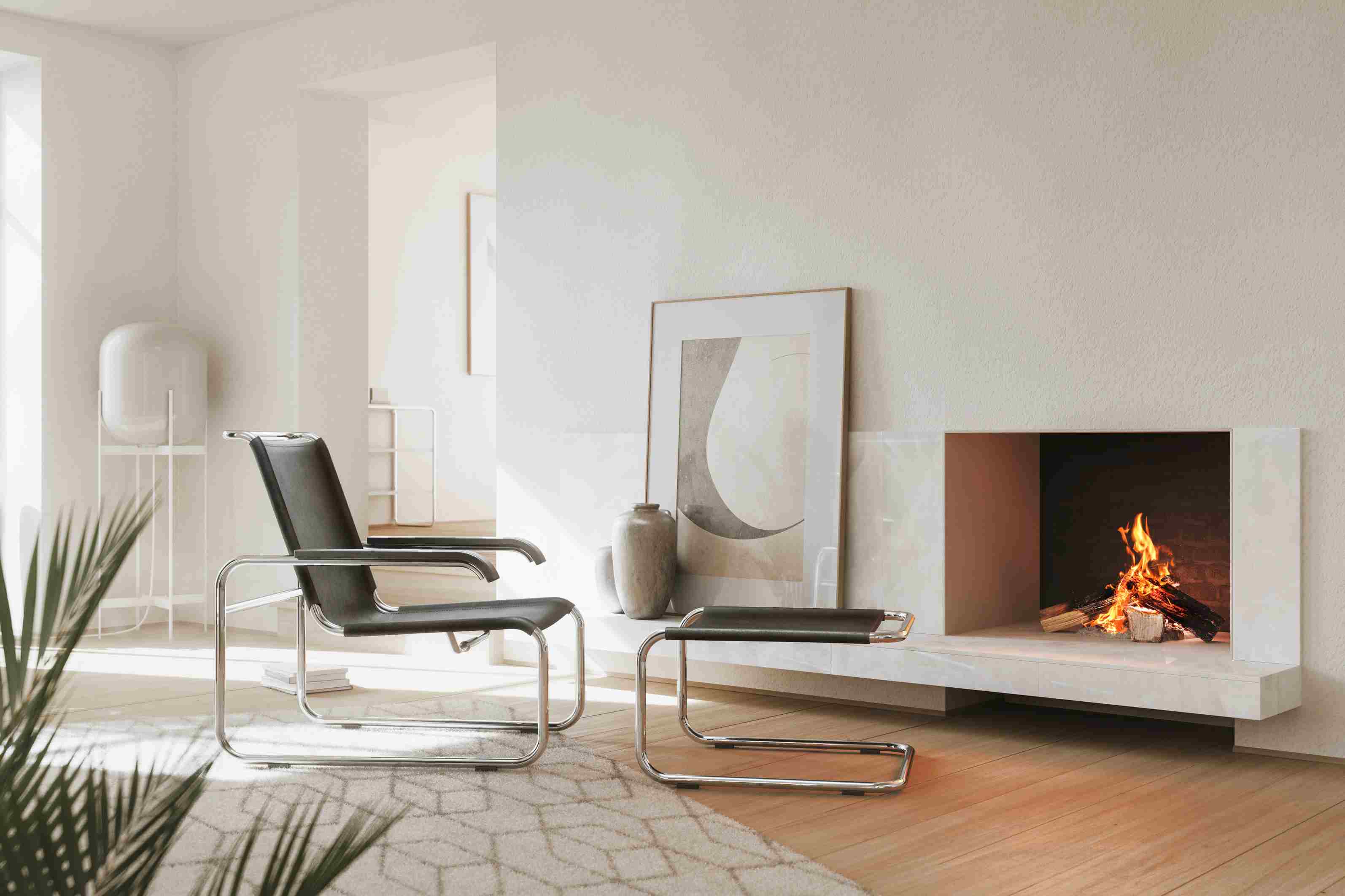 S 35 LH Hocker von Thonet im Wohnzimmer mit Kamin und modernem Design.