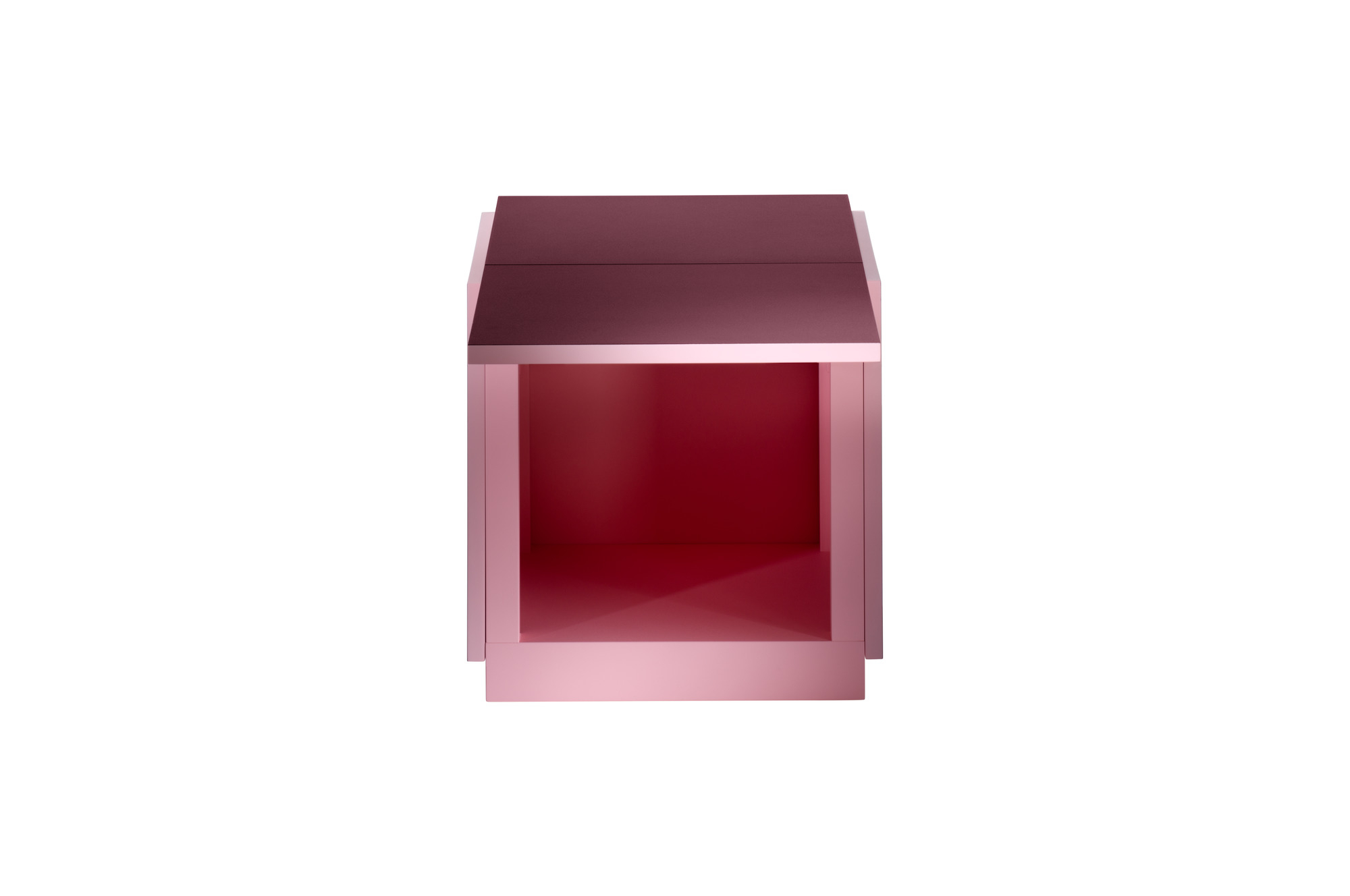 K10N Klapptisch von Tecta: Pinkfarbener Beistelltisch mit Ablagefach und dunkler Tischplatte.