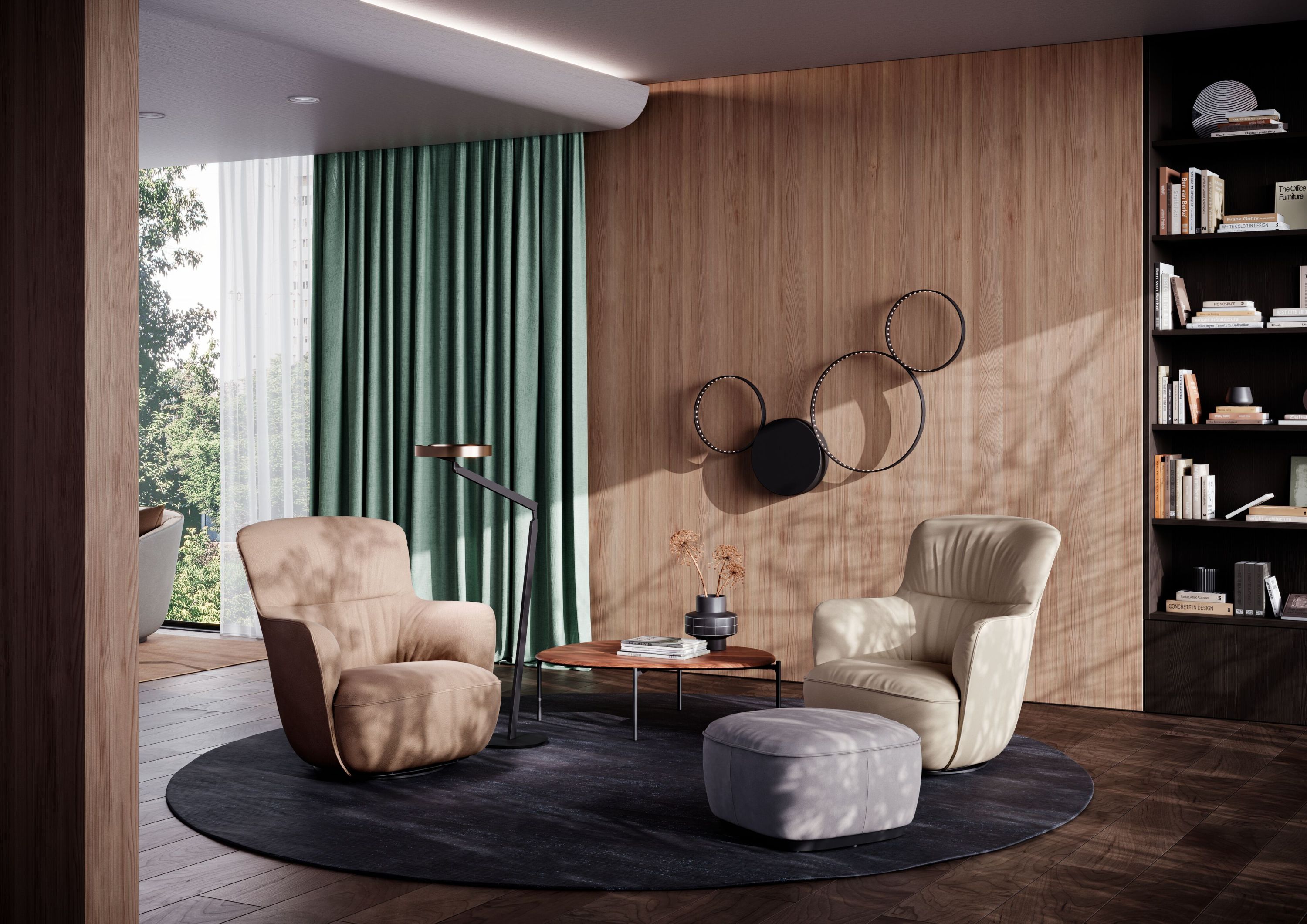 Wohnzimmer mit zwei Sesseln und Ishino Hocker von Walter Knoll auf einem runden Teppich.