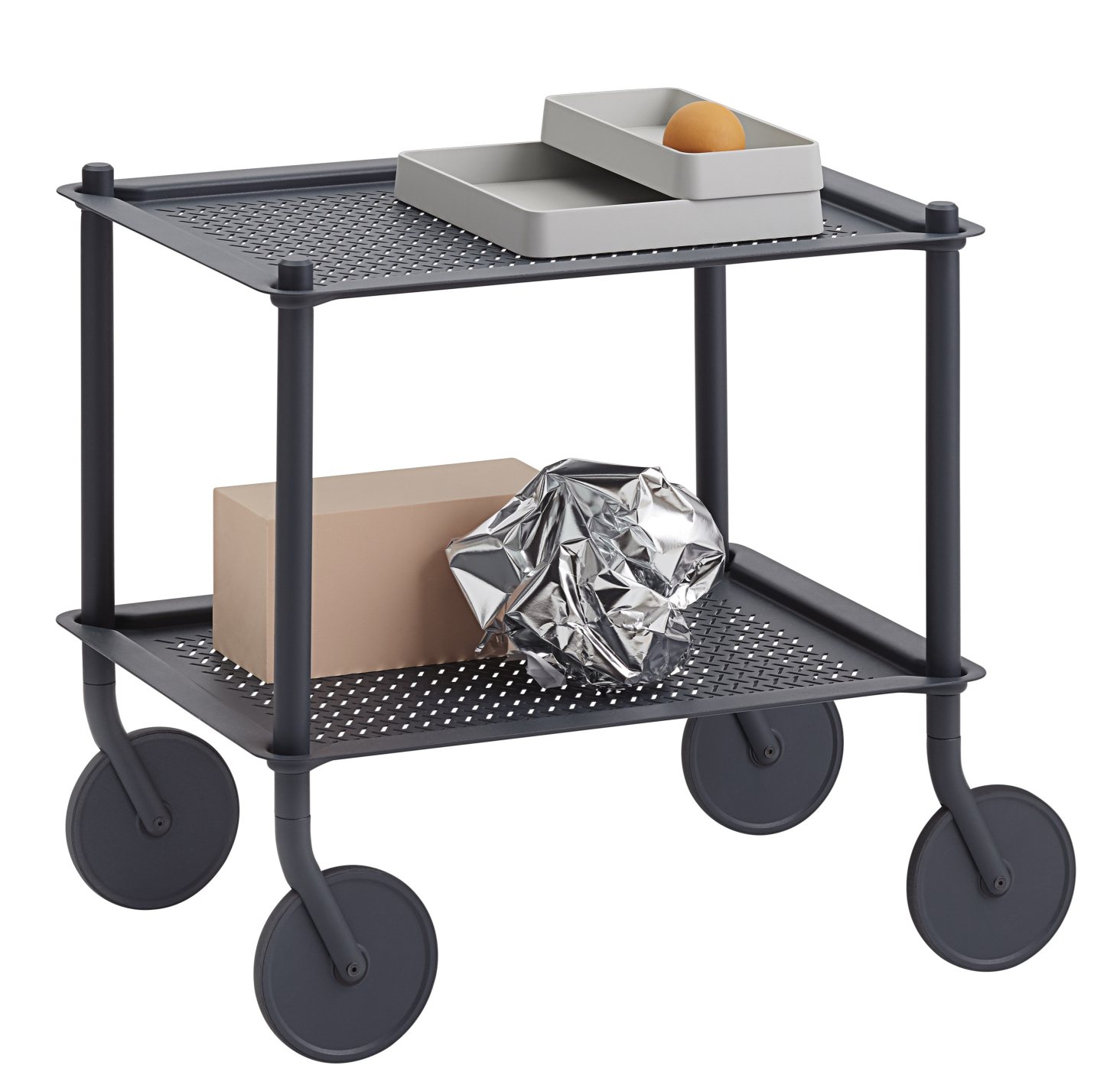 Muuto Flow Trolley Servierwagen in Grau mit zwei Ablageflächen und Rollen.
