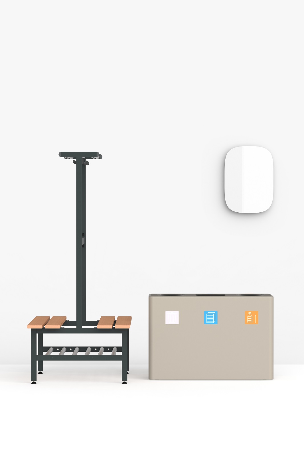 Dunk 3 Abfalltrennsystem: Modernes Mülltrennsystem mit drei Behältern und integrierter Sitzbank für den Außenbereich.