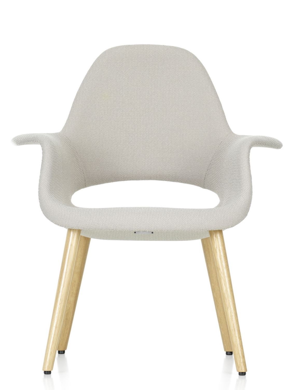 Vorderansicht des Organic Chair Stuhls von Vitra mit hellgrauem Bezug und Holzbeinen.