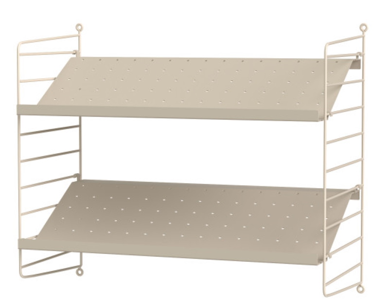 Beiges String Regal mit zwei Regalböden für Flur oder Wandmontage.