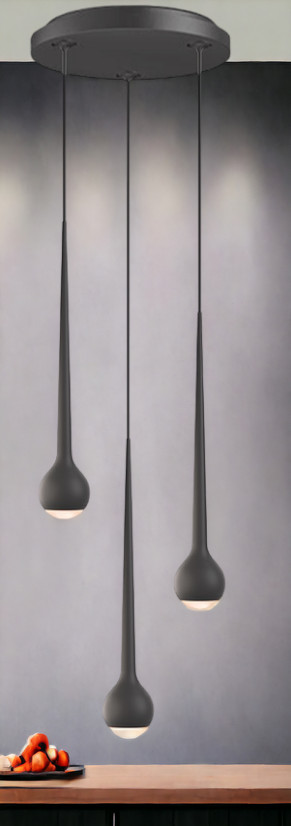 Graue "Falling Sun" Pendelleuchte mit drei Lampen, modernes Design für Wohnzimmer und Esszimmer.