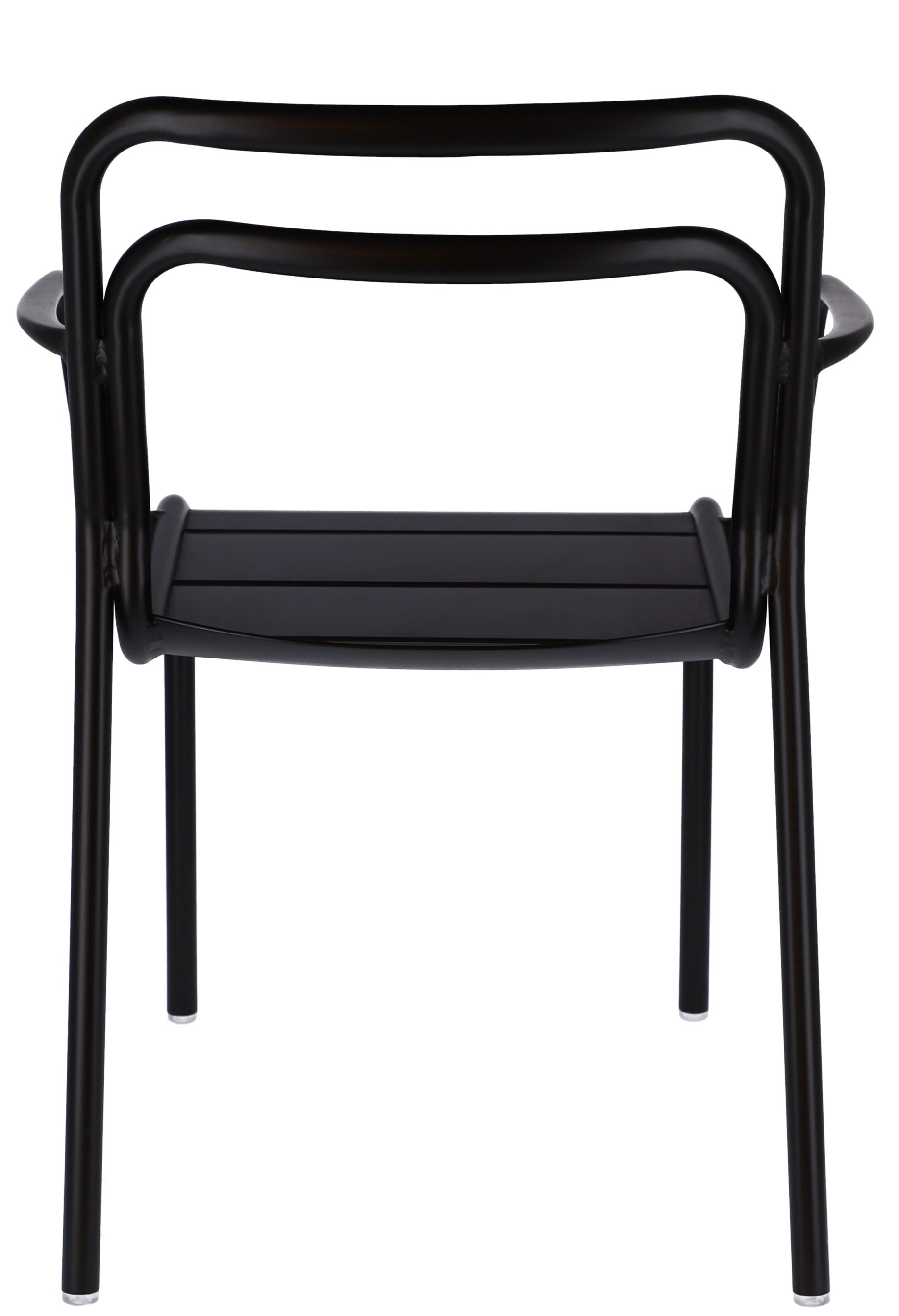 Schwarzer Jan Kurtz Live Stapelsessel für den Außenbereich, Ansicht von hinten. Gartenmöbel aus Metall.