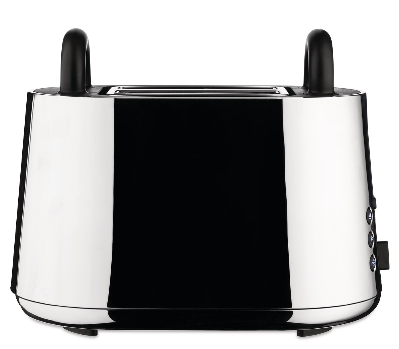 Alessi Toaster NE03 B Toru aus poliertem Edelstahl, Frontansicht. Design-Toaster für knusprige Brotscheiben.