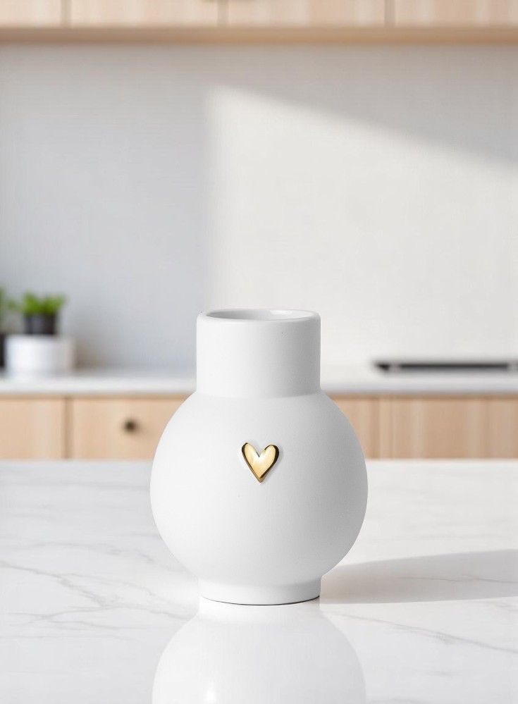 Weiße Kugelvase mit goldenem Herz-Detail, moderne Dekoration für Zuhause, Lovely Mini Vase.