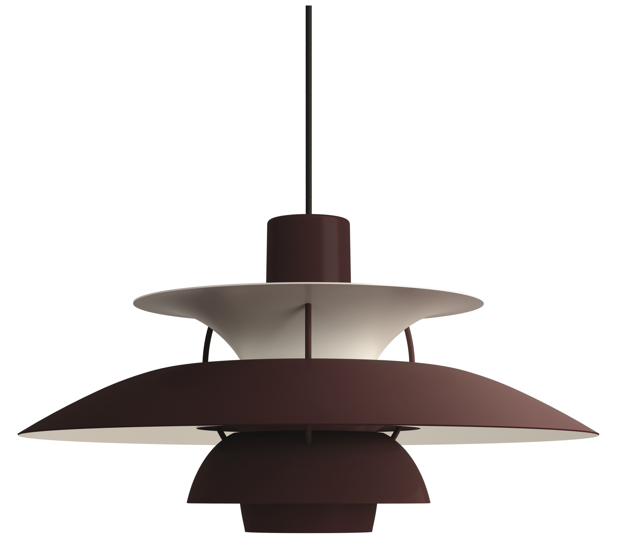 PH 5 Pendelleuchte von Louis Poulsen in Burgundy: Design Lampe mit mehrschichtigem Schirm.