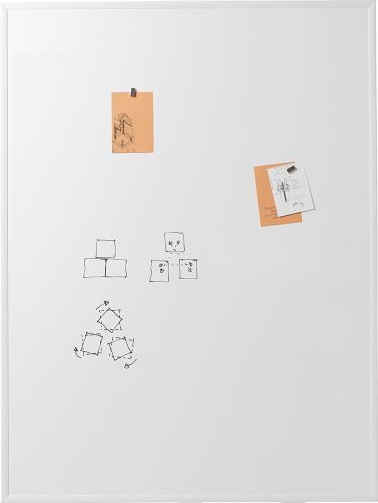 Cartesio Whiteboard für Multimediaständer: Weiße Magnettafel mit Notizen und Skizzen, ideal für Büro und Präsentation.