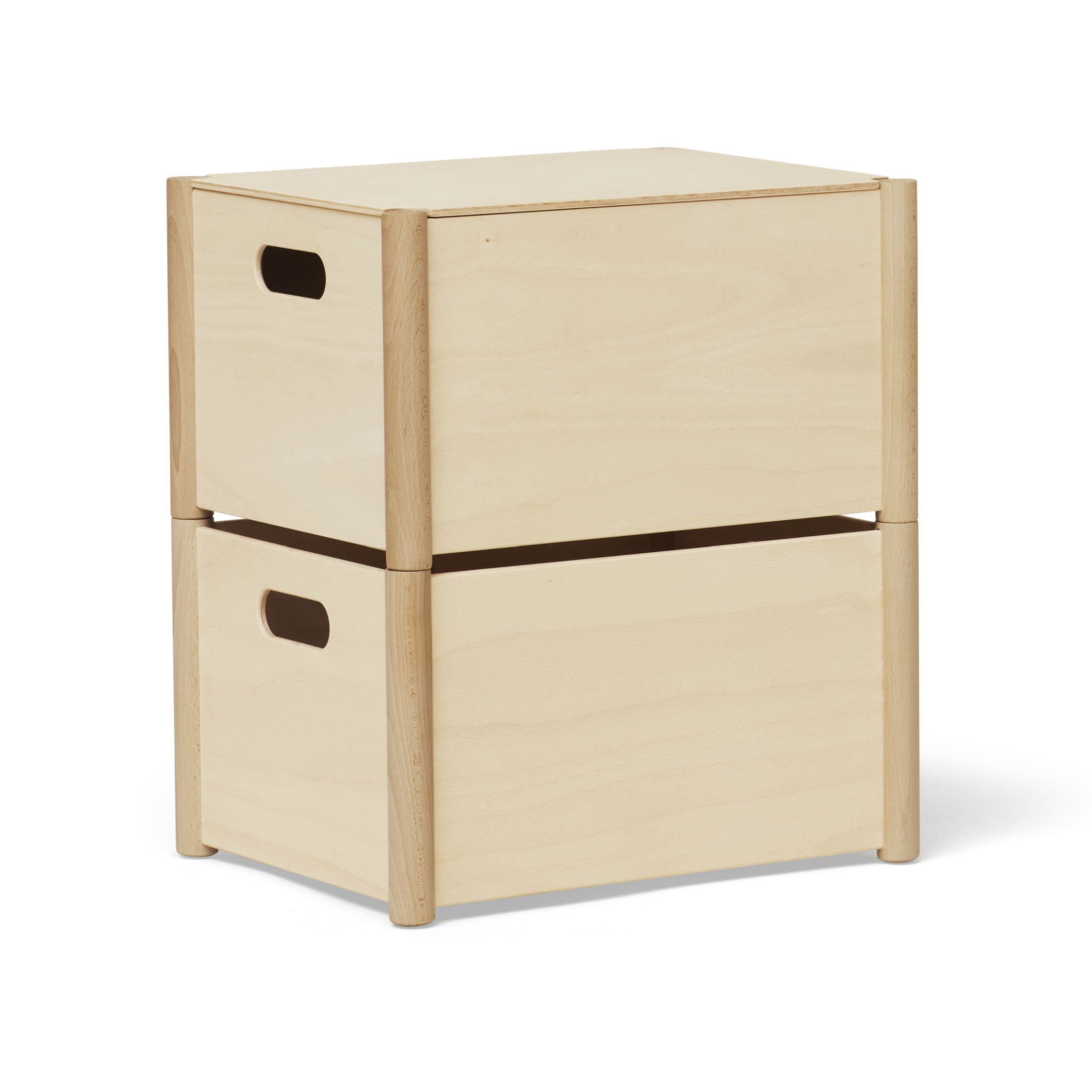 Zwei gestapelte Pillar Box Aufbewahrungsboxen aus hellem Holz mit Griffen für Kinderzimmer.