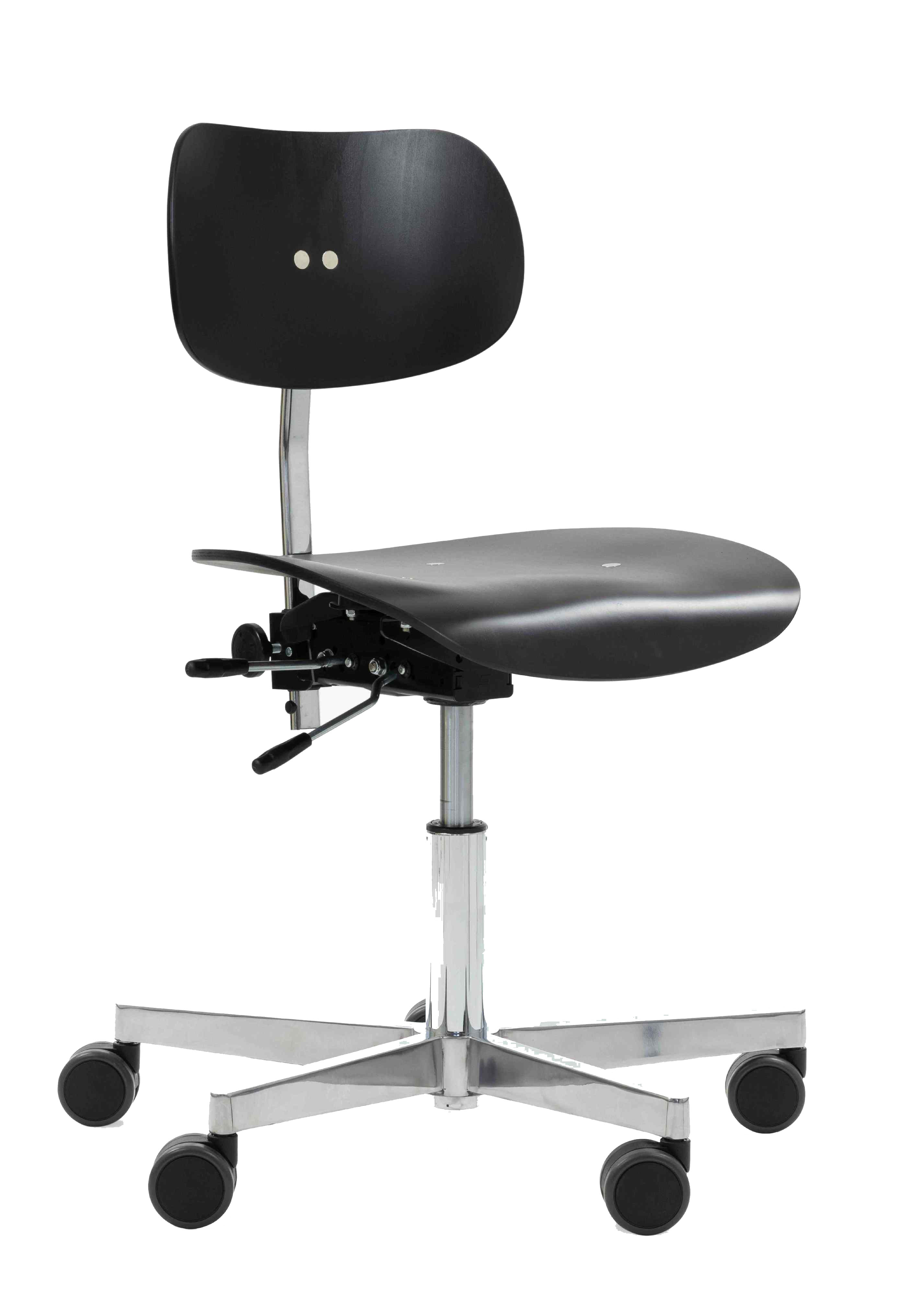 Schwarzer S 197 Drehstuhl von Wilde+Spieth mit Rollen und verstellbarer Rückenlehne. Ergonomischer Bürostuhl.