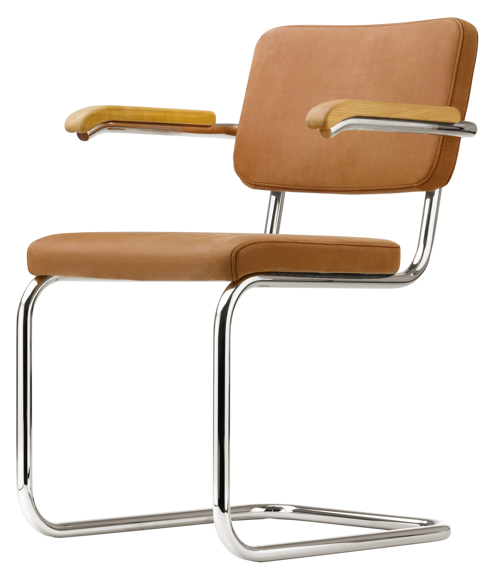 S 64 PV Thonet Freischwinger mit Stahlrohrgestell und braunem Lederbezug, Armlehnen aus Holz. Klassisches Design.