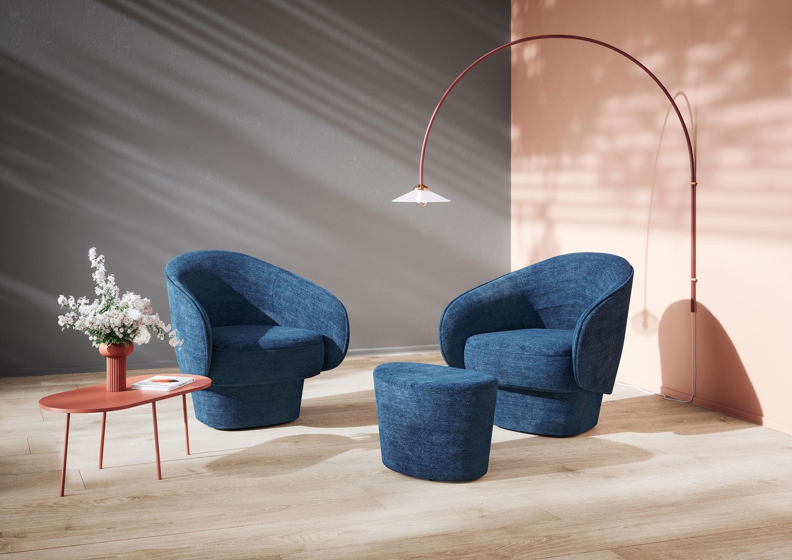 Zwei blaue Sessel und ein Hocker von Cor, moderne Wohnzimmermöbel mit stilvollem Design.