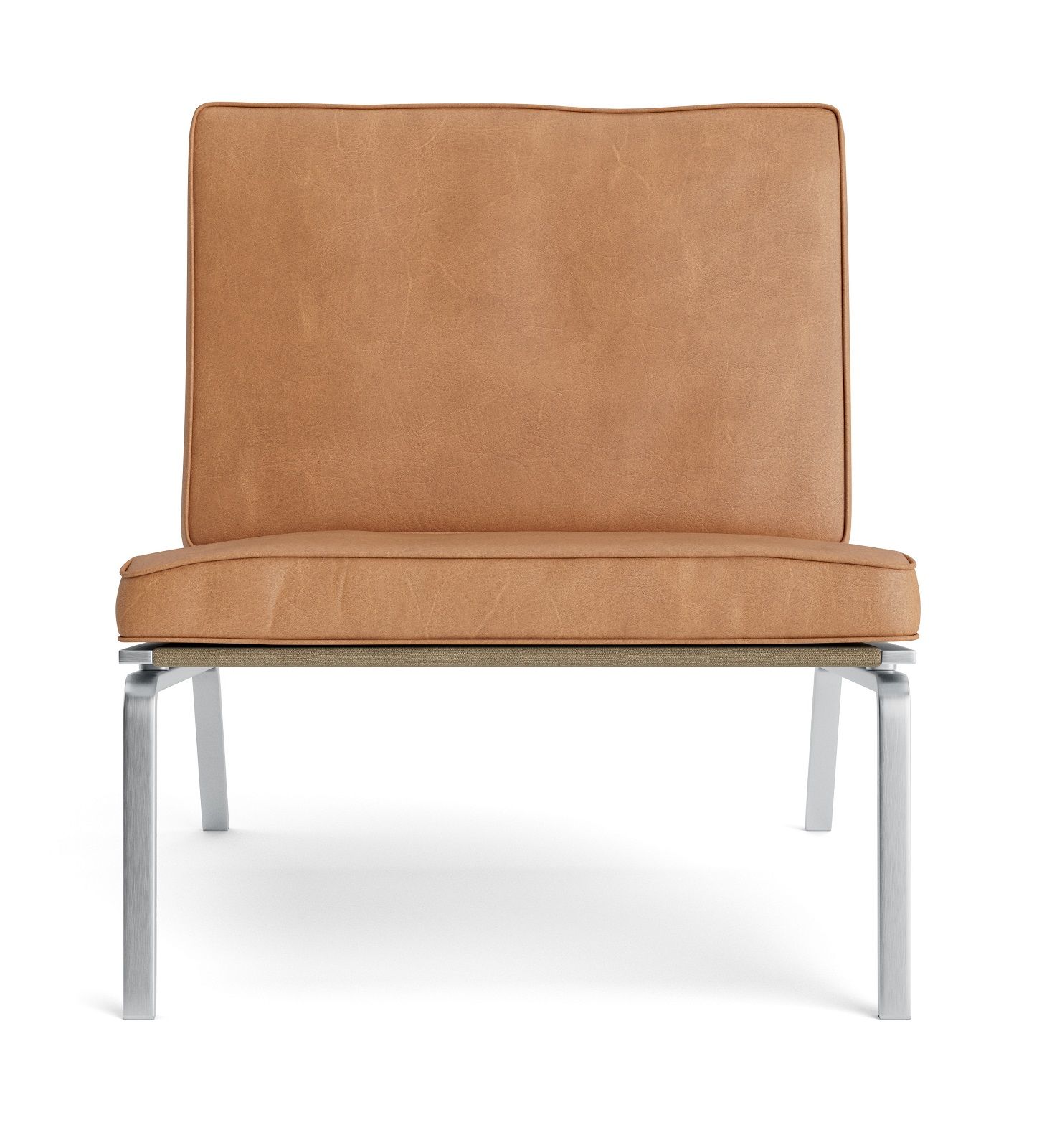 Man Lounge Chair Sessel NORR11 mit braunem Lederbezug und silberfarbenem Metallgestell, Frontansicht.
