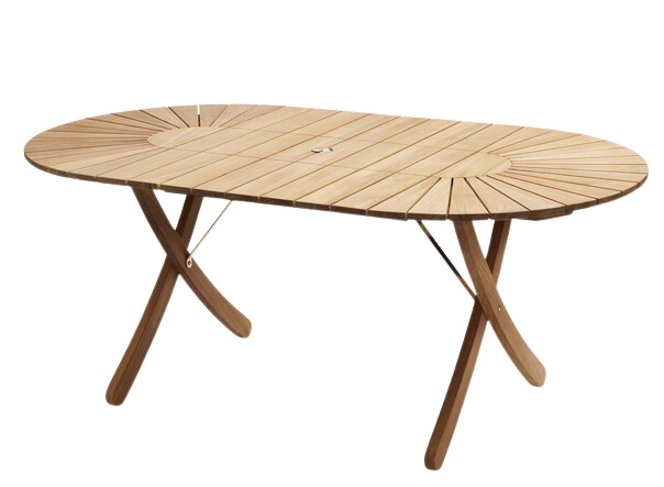 Selandia Esstisch von Skagerak: Ovaler Outdoor-Tisch aus Teakholz mit X-förmigem Untergestell.