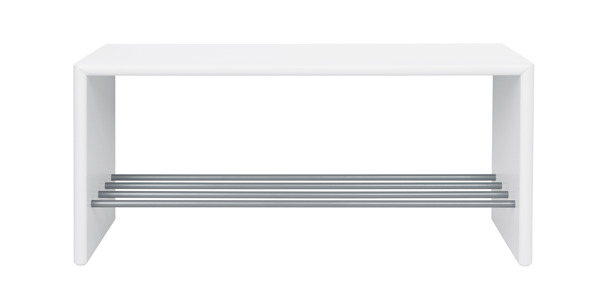 Weiße Schuhbank 100 cm mit drei silbernen Schuhablagen, ideal für den Eingangsbereich.