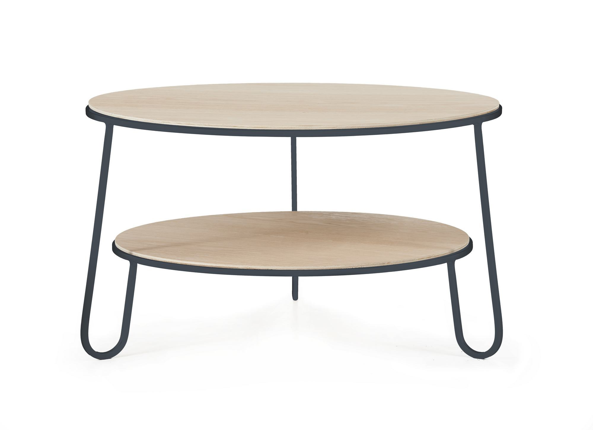 Eugénie Couchtisch von Hartô in Schiefergrau: Runder Beistelltisch mit zwei Ebenen und Metallgestell.