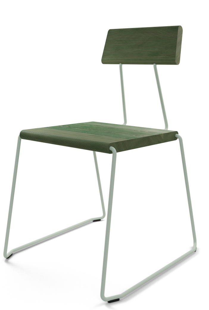 D:005 Stuhl Waldgrün von Fuchs & Habicht mit hellem Metallgestell, moderner Holzstuhl.