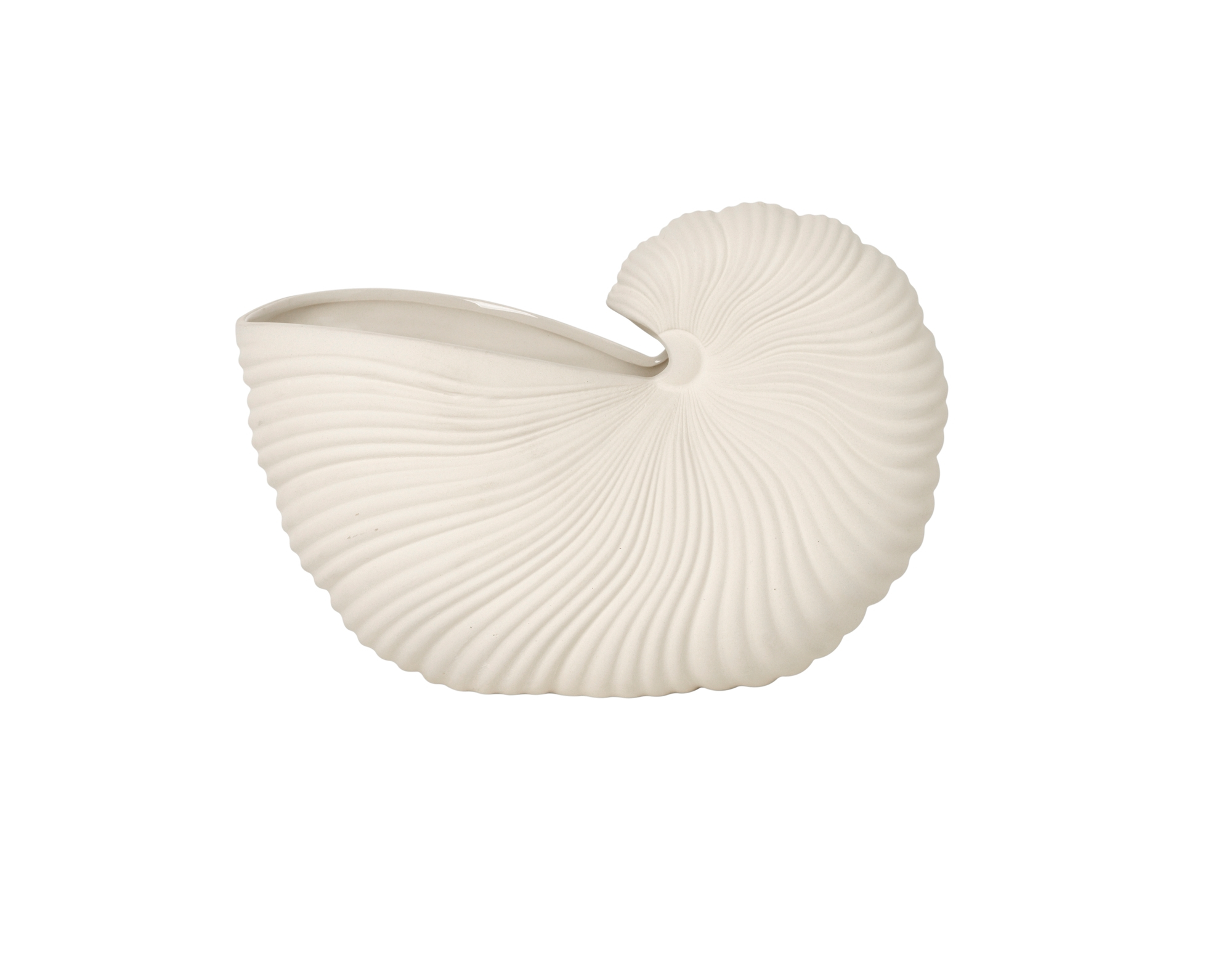 Weiße Ferm Living Shell Pot Vase in Form einer Nautilus-Muschel, Dekoration für Zuhause.
