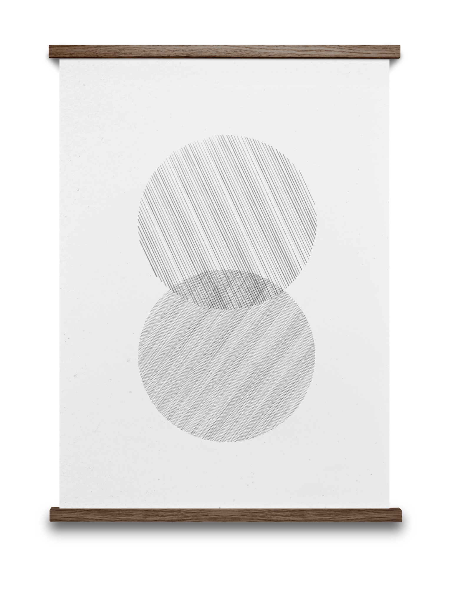 Linework Poster mit zwei Kreisen und Holzaufhängung. Minimalistisches Design für moderne Wanddekoration.